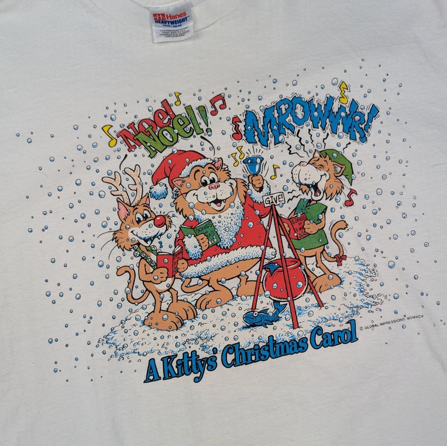 Vintage 90'S Christmas Cartoon Funny Cat Graphic T-Shirt Size L