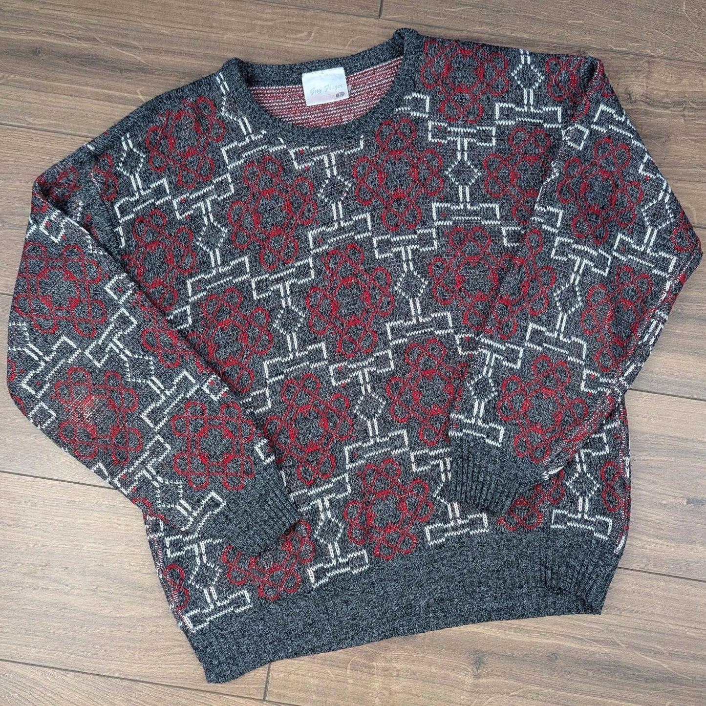 1980s Vintage Grey/Red Guy Frazer Pattern Knit Winter Jumper Men's L