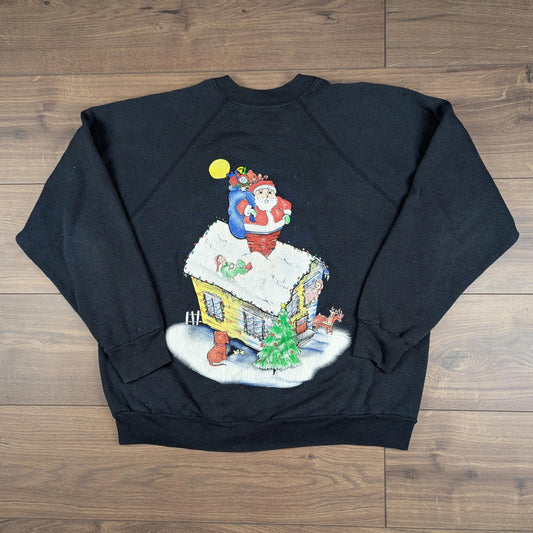 Black 1990s Vintage Santa Graphic Christmas Jumper Sweatshirt Size XL