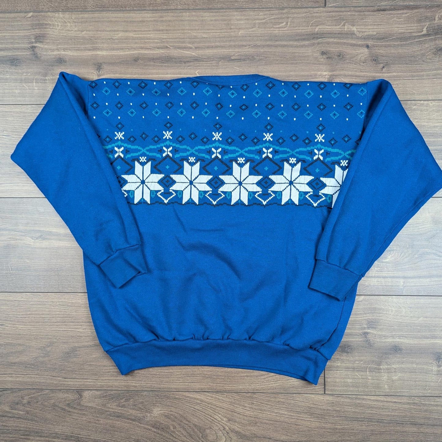 1980s Vintage Blue Tultex Fair isle Christmas Jumper Sweatshirt Size L