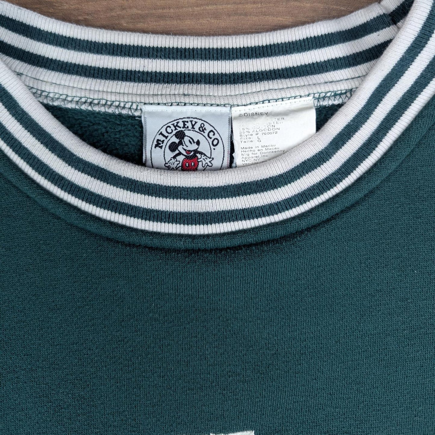 Vintage 1990s Green Mickey Mouse Embroidered Disney Jersey Sweatshirt Size L