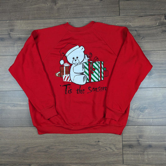 Vintage 90s 'Tis the Season Cartoon Bear Christmas Jumper Sweatshirt Size L
