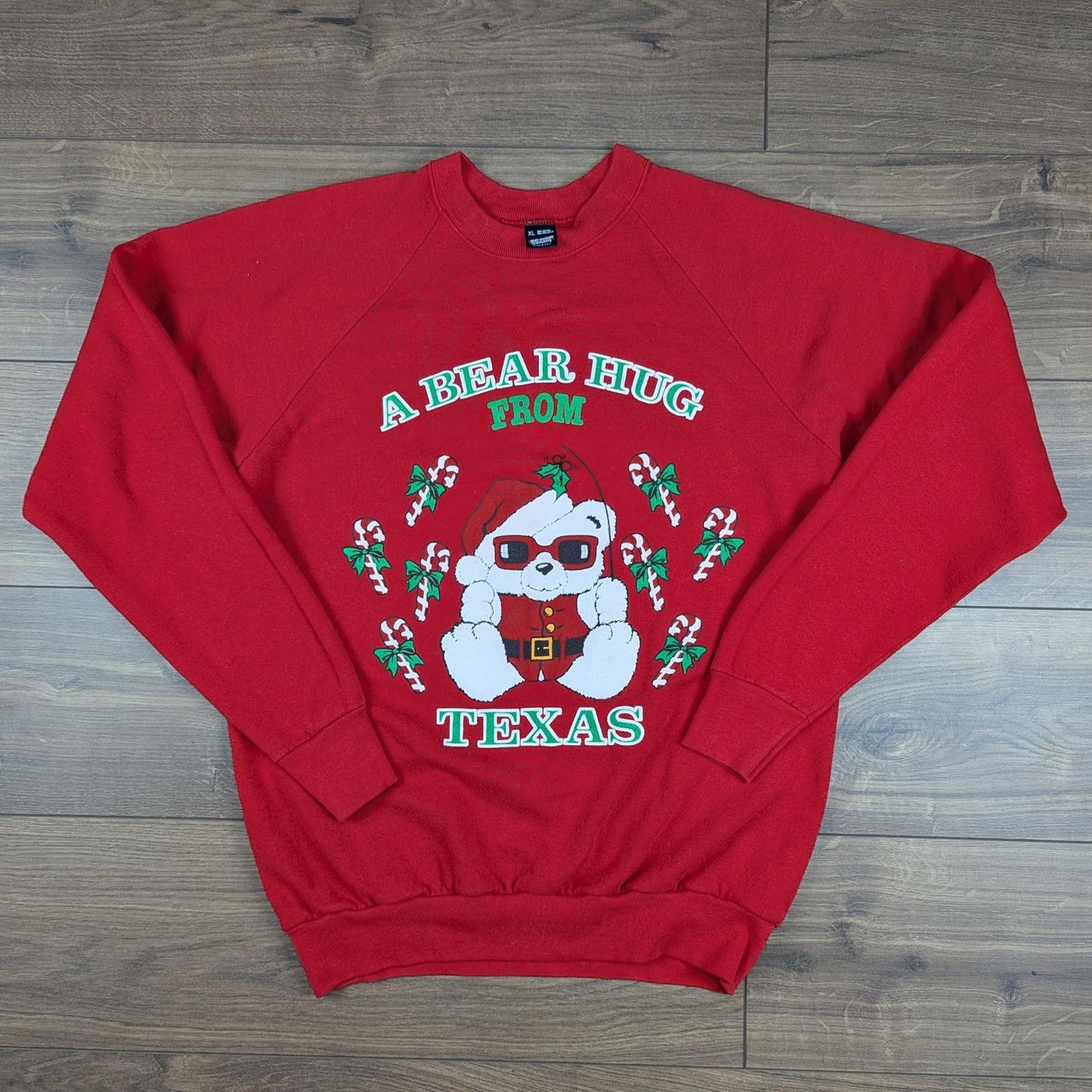 90s Vintage Bear Hug Fron Texas Christmas Jumper Sweatshirt Size L