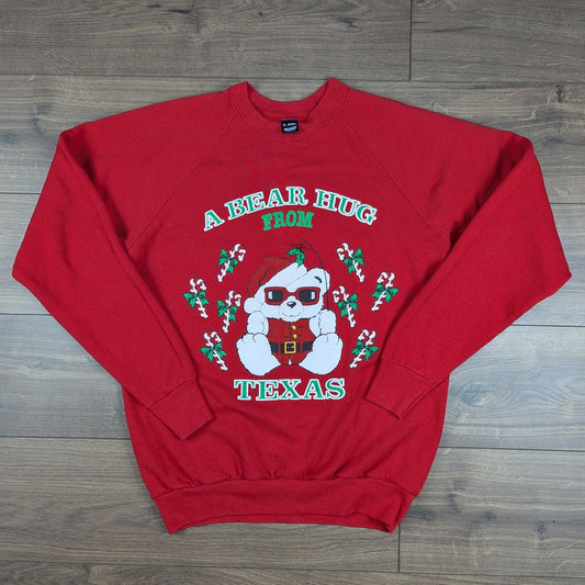 90s Vintage Bear Hug Fron Texas Christmas Jumper Sweatshirt Size L