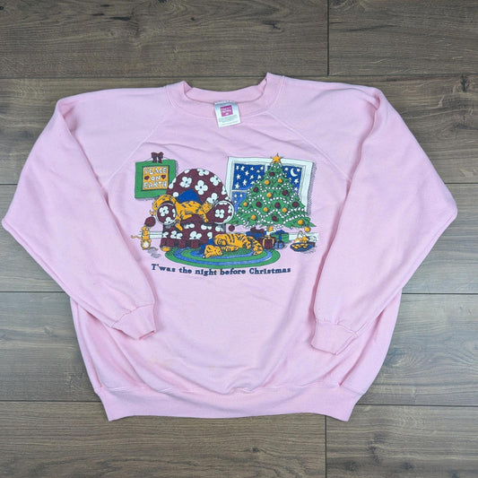 Pink Vintage 90s Night Before Christmas Cat Jumper Sweatshirt Size XL