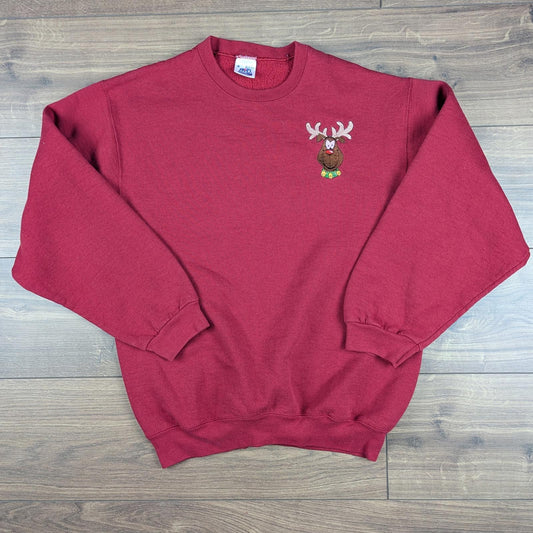 Red Vintage 90s Grinch Embroidered Reindeer Christmas Jumper Sweatshirt Size M