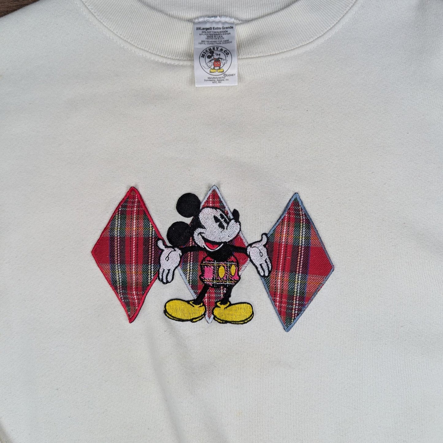 90s Vintage Disney Mickey Mouse Cream Tartan Embroidered Sweatshirt Size 2XL