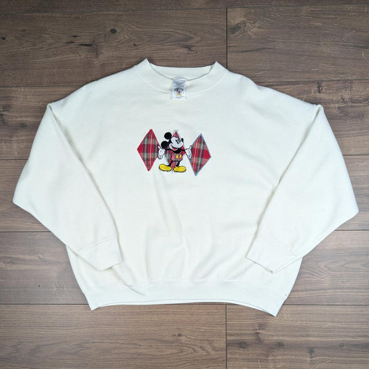 90s Vintage Disney Mickey Mouse Cream Tartan Embroidered Sweatshirt Size 2XL