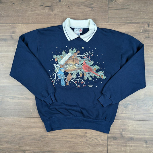 90s Vintage Morning Sun Christmas Birds Jumper Sweatshirt Size M