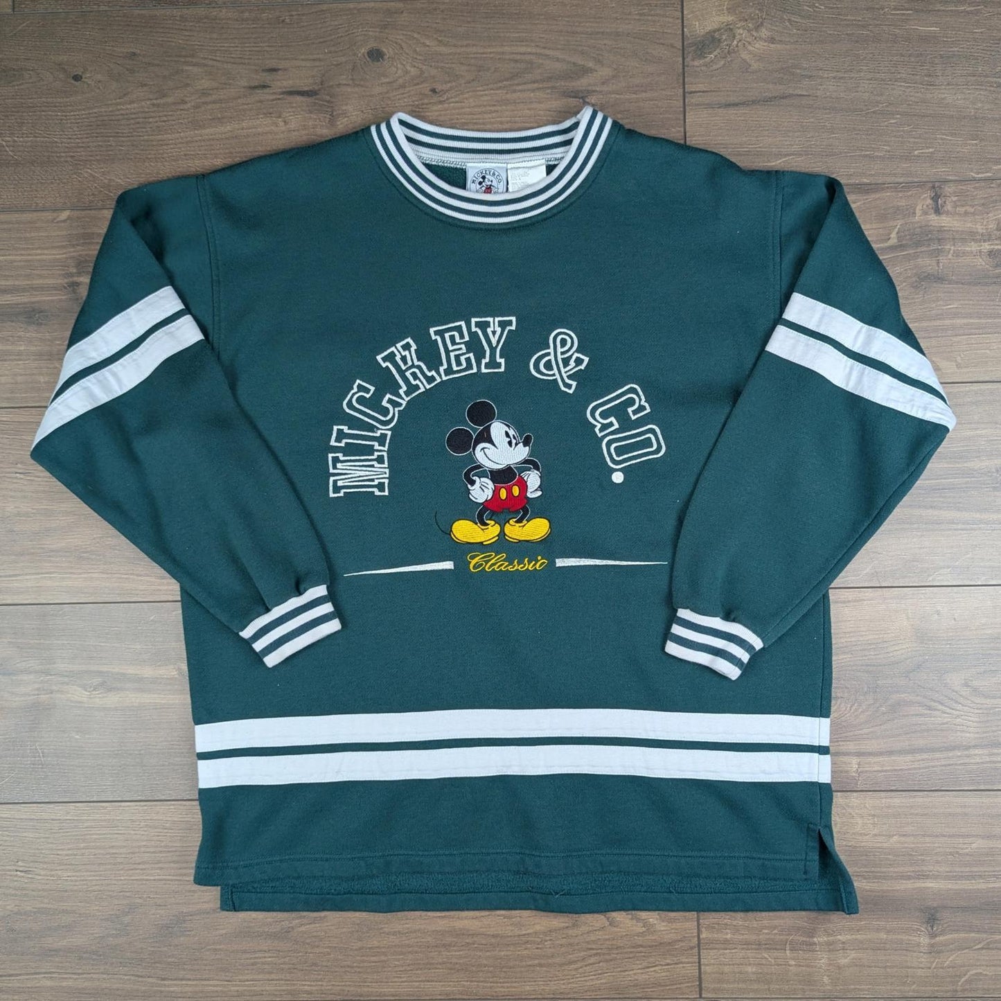 Vintage 1990s Green Mickey Mouse Embroidered Disney Jersey Sweatshirt Size L