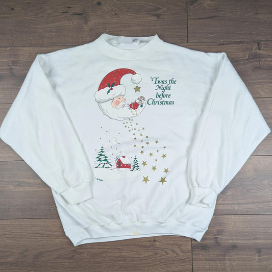 90's Vintage Graphic White Night Before Christmas Jumper Sweatshirt Size L