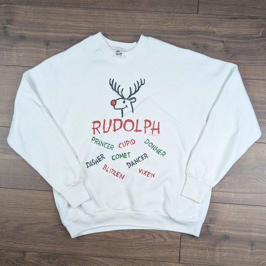 Vintage 90's White Reindeer Rudolph Christmas Jumper Sweatshirt Size M