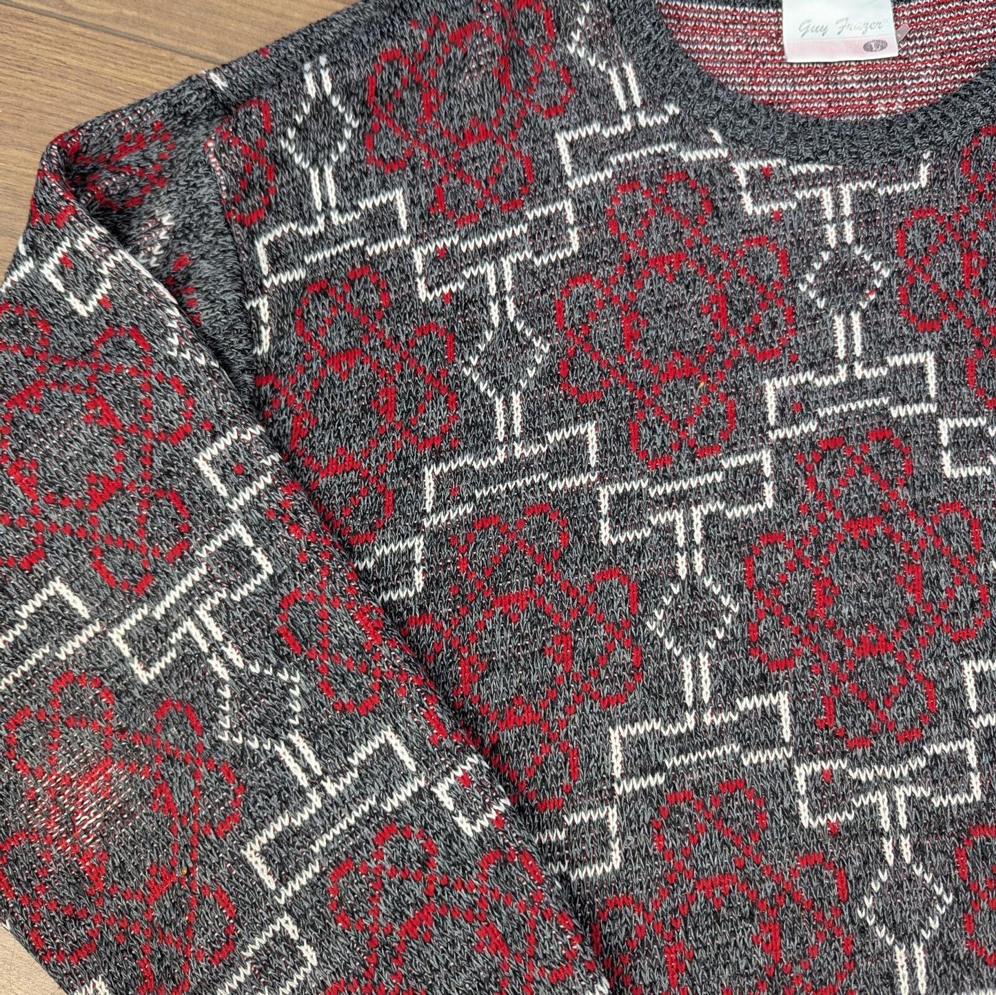 1980s Vintage Grey/Red Guy Frazer Pattern Knit Winter Jumper Men's L