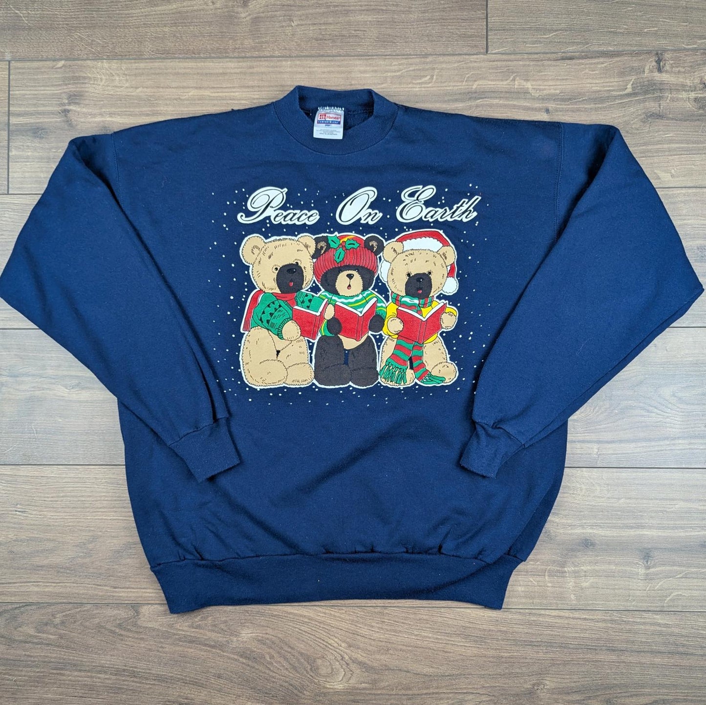Vintage 90s Bear Peace on Earth Cartoon Christmas Jumper Sweatshirt Size XL