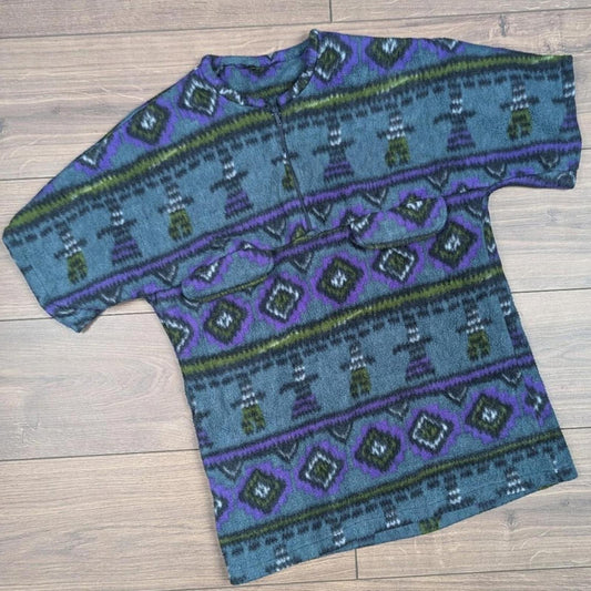 Vintage 90's Green/Purple Fleece Unique Thermal Zip T-Shirt with Pockets Men's M