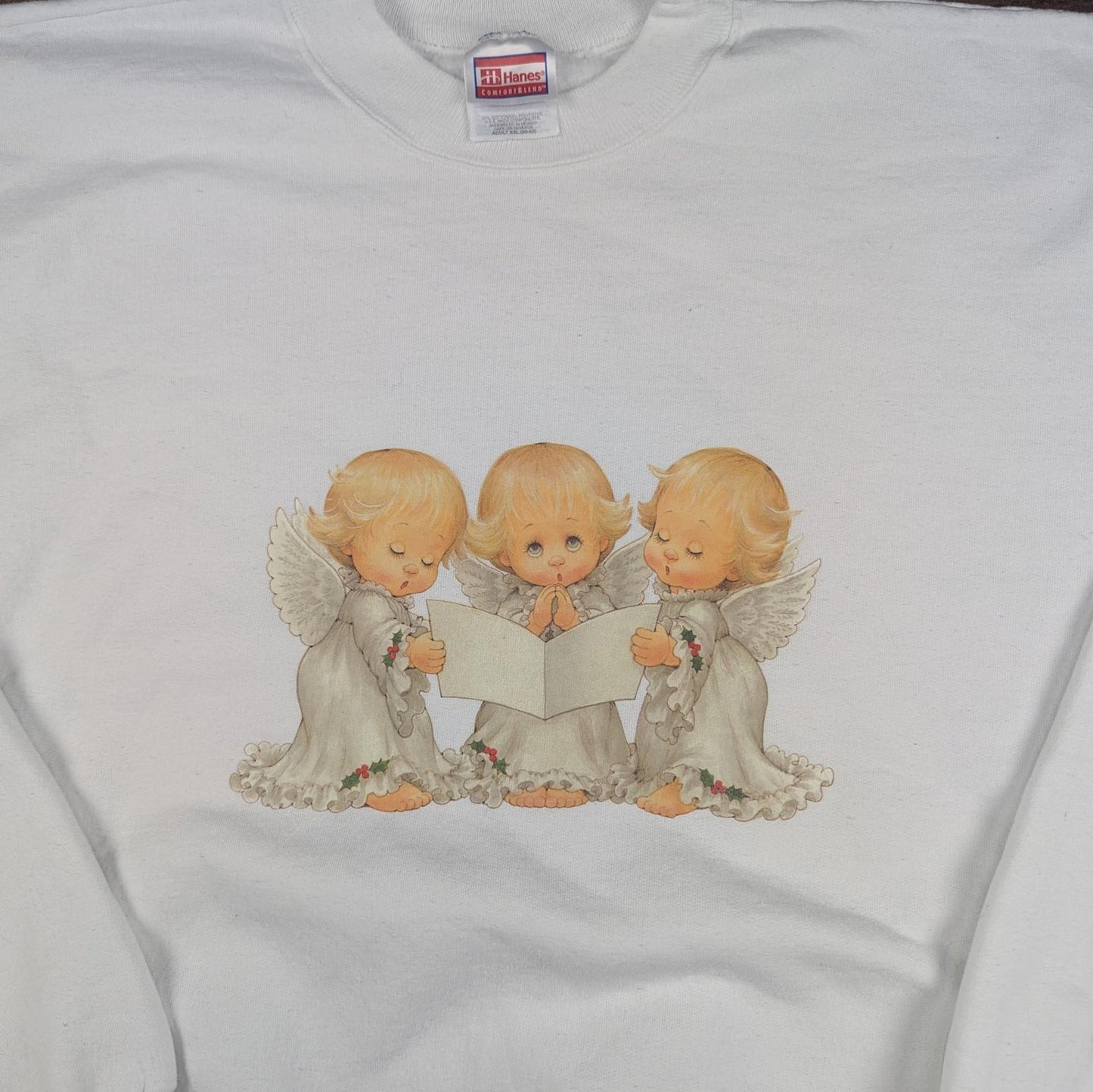 Hanes White Vintage 1990's Doll Angel Christmas Jumper Sweatshirt Size XXL