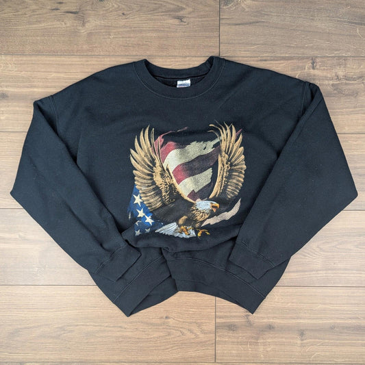Black Vintage Gildan USA Flag Eagle Graphic Sweatshirt Size XL