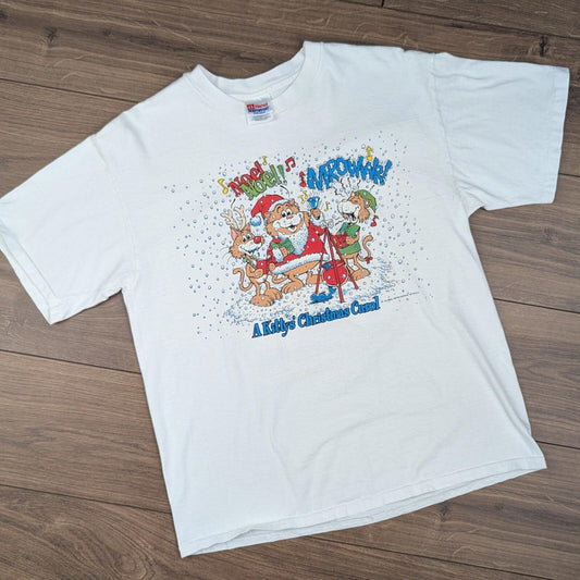 Vintage 90'S Christmas Cartoon Funny Cat Graphic T-Shirt Size L