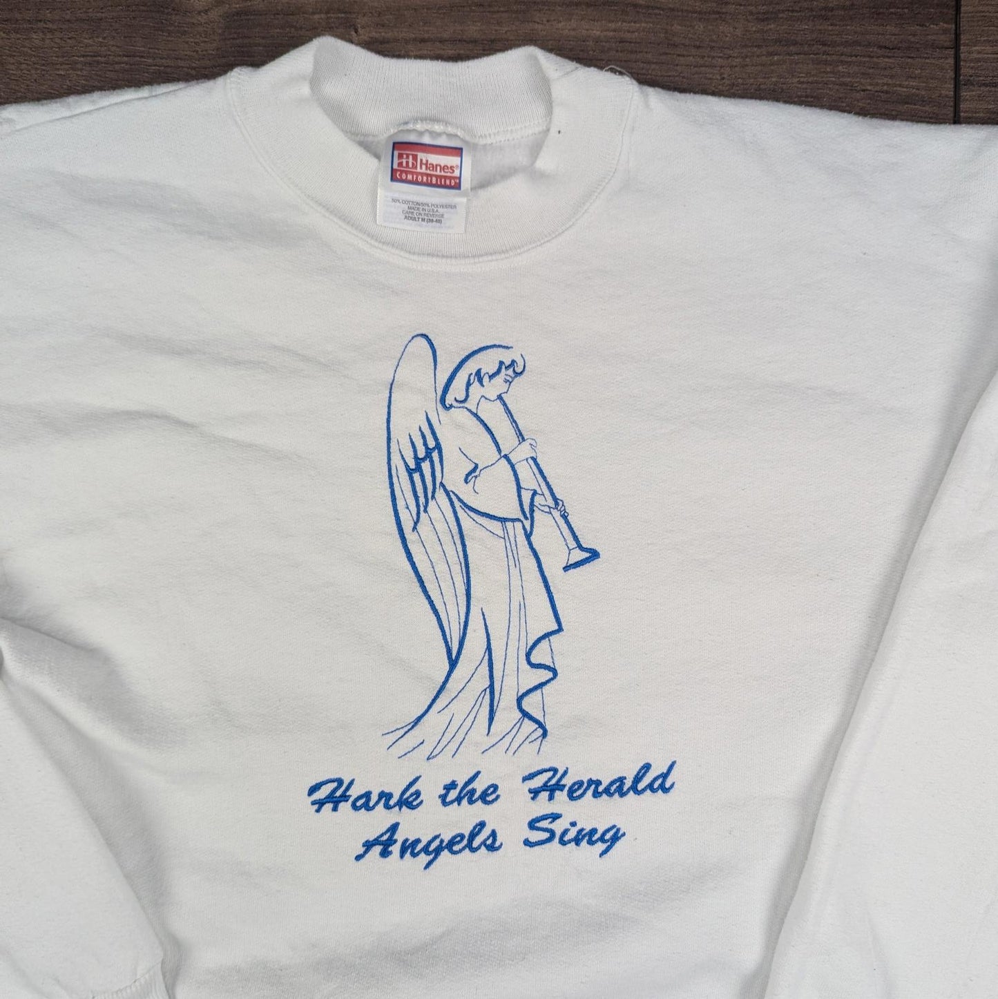 White Vintage 90s Embroidered Angels Christmas Jumper Sweatshirt Size M