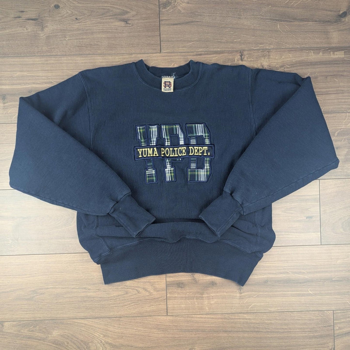 1990s Vintage YPD Embroidered Tartan Navy Graphic Sweatshirt Size L