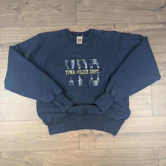 1990s Vintage YPD Embroidered Tartan Navy Graphic Sweatshirt Size L