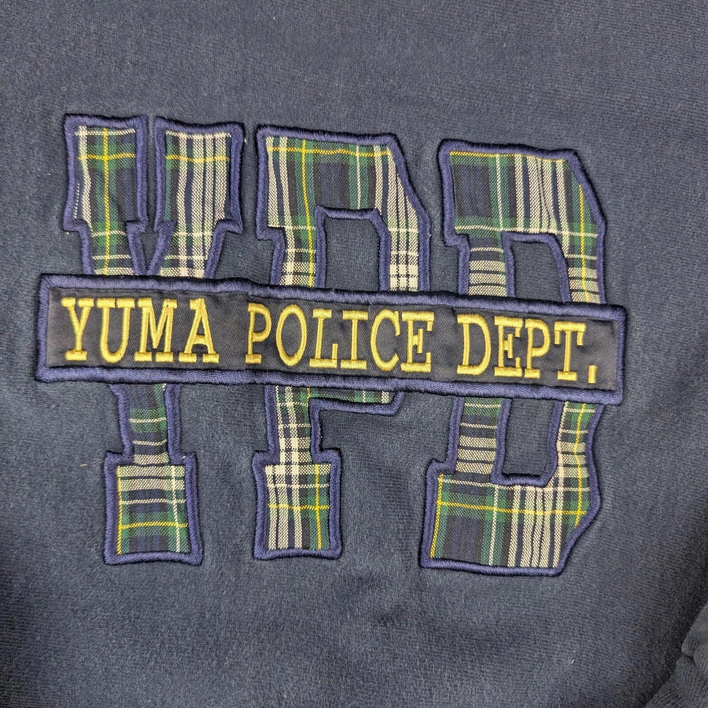 1990s Vintage YPD Embroidered Tartan Navy Graphic Sweatshirt Size L