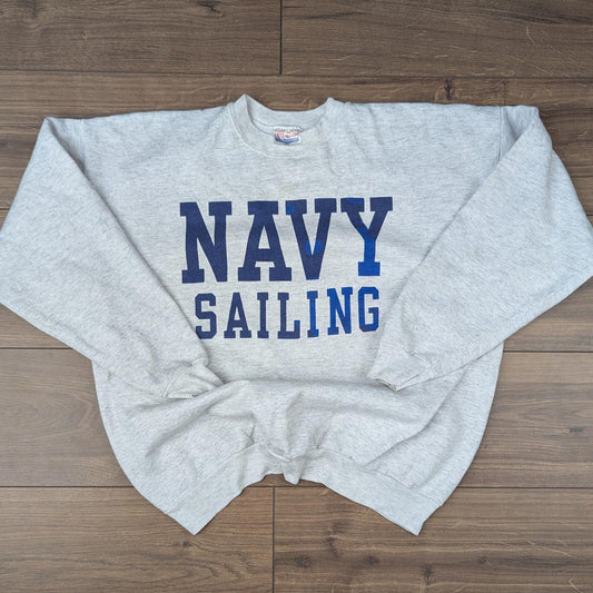 Vintage 1990's Hanes Grey Navy Sailing Sweatshirt Size L