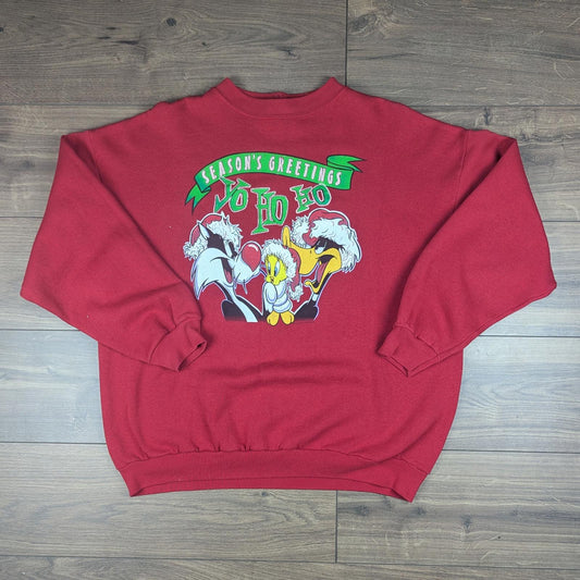 Red 90s Vintage Looney Tunes Christmas Jumper Sweatshirt Size XL