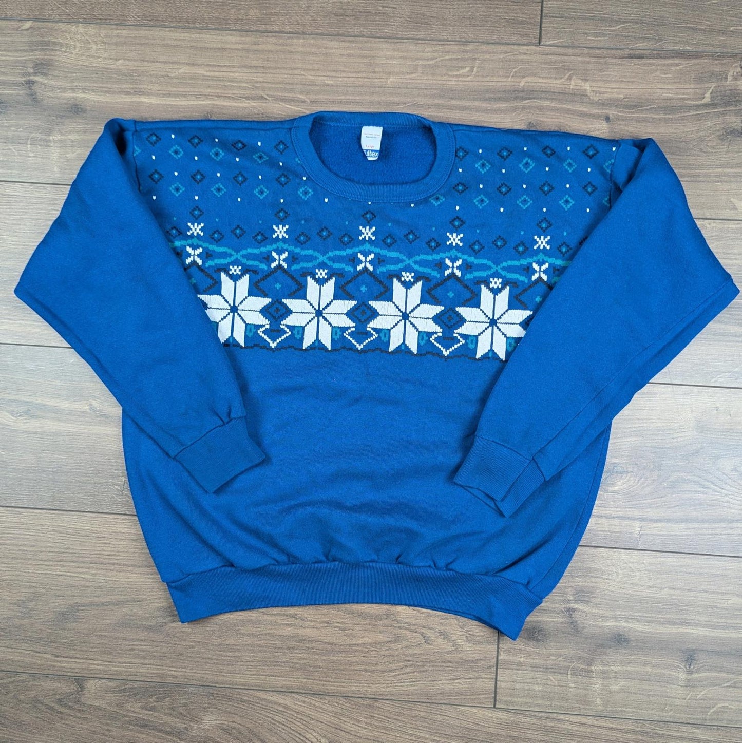 1980s Vintage Blue Tultex Fair isle Christmas Jumper Sweatshirt Size L