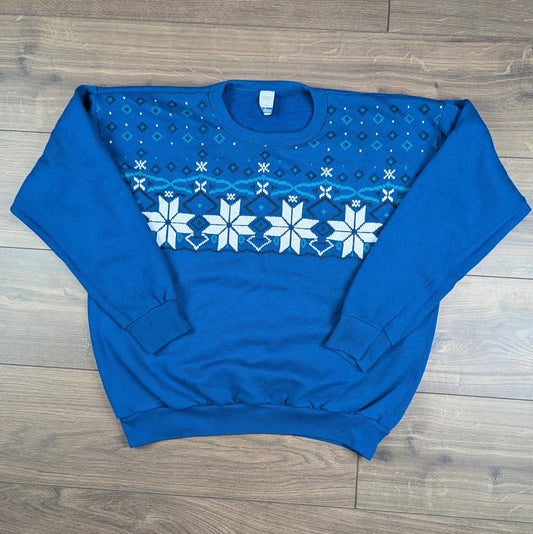 1980s Vintage Blue Tultex Fair isle Christmas Jumper Sweatshirt Size L