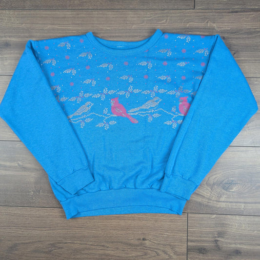 Vintage 80s Blue Cardinals Robins Christmas Jumper Sweatshirt Size S