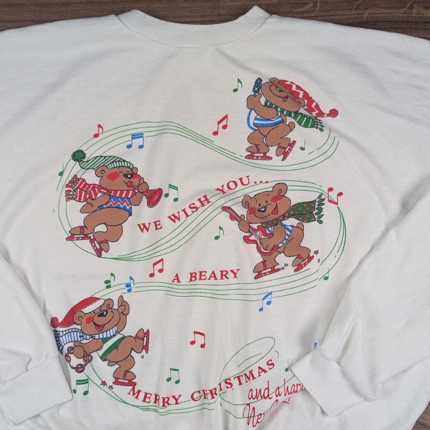 Beary Merry Christmas Graphic White Sweatshirt Jumper Size L