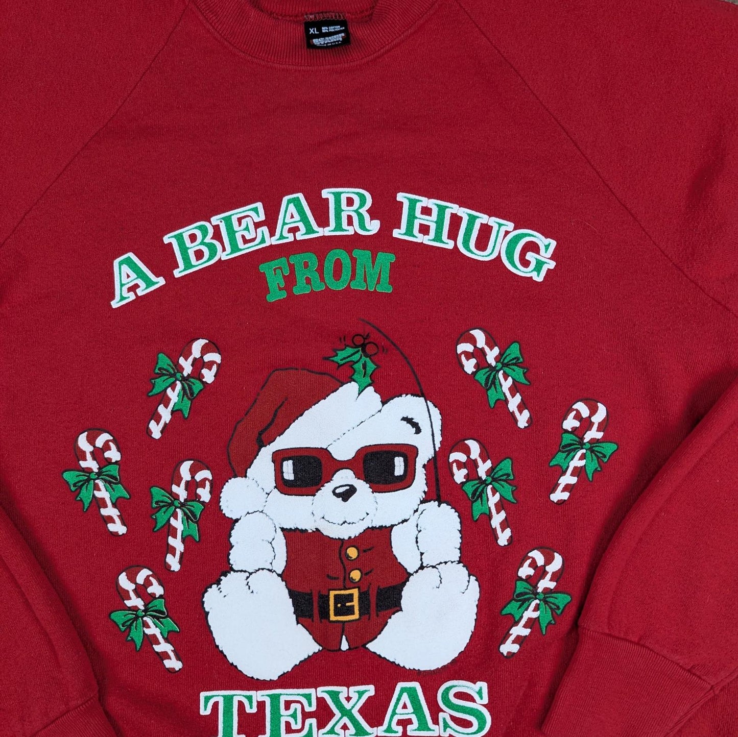 90s Vintage Bear Hug Fron Texas Christmas Jumper Sweatshirt Size L