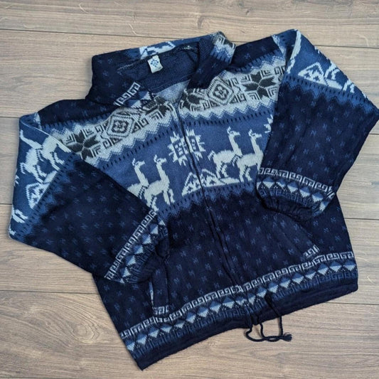 Vintage Blue/White 90s Icelandic Llama Winter Pattern Hooded Coat Jacket Men's M