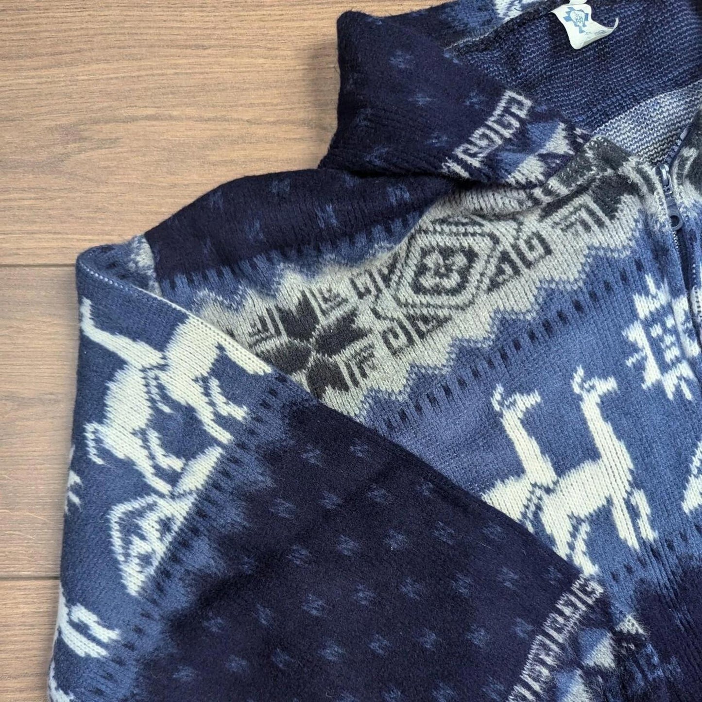 Vintage Blue/White 90s Icelandic Llama Winter Pattern Hooded Coat Jacket Men's M