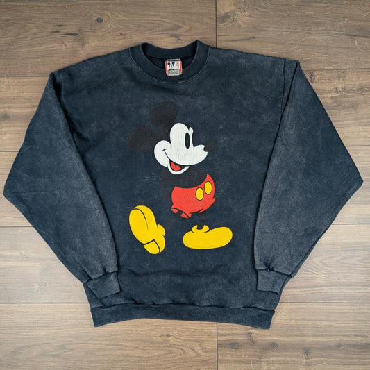 90s Vintage Disney Designs Grey Black Acid Wash Mickey Graphic Sweatshirt Size L