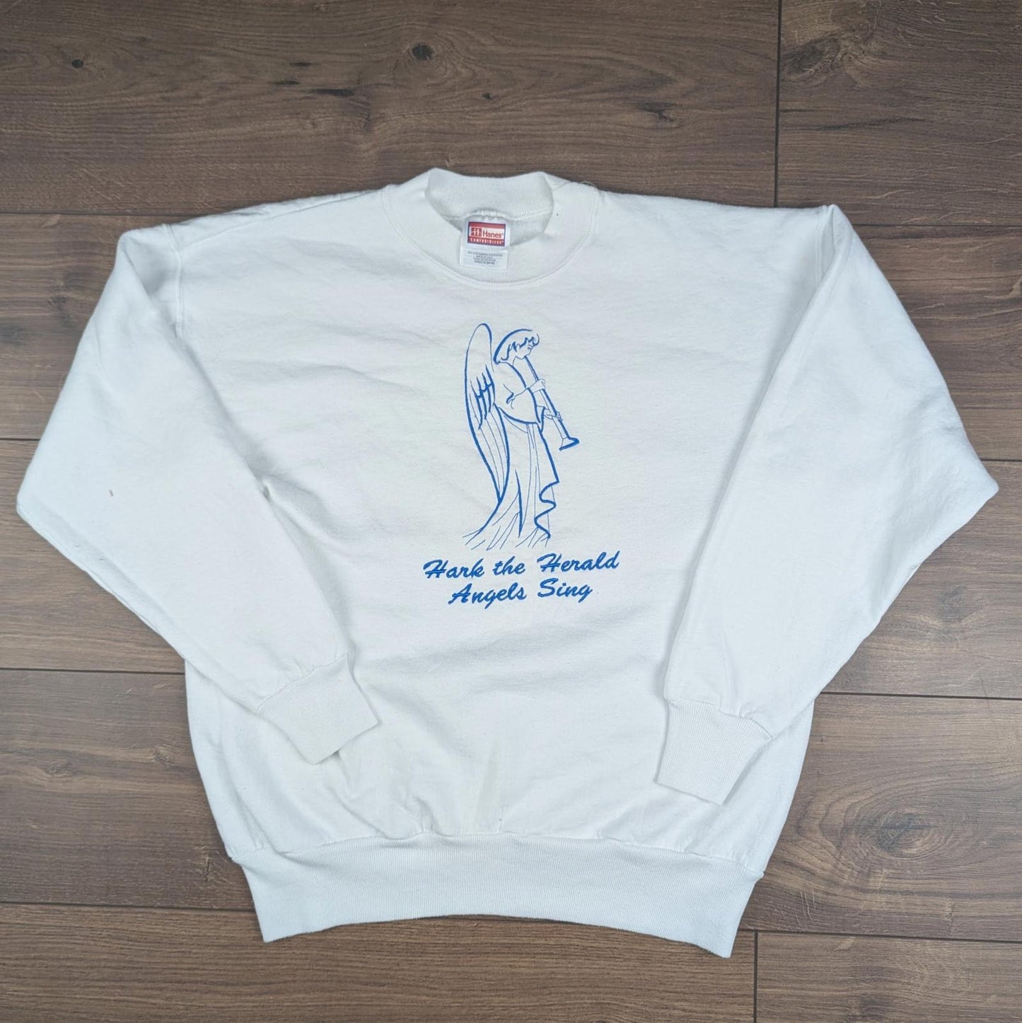 White Vintage 90s Embroidered Angels Christmas Jumper Sweatshirt Size M