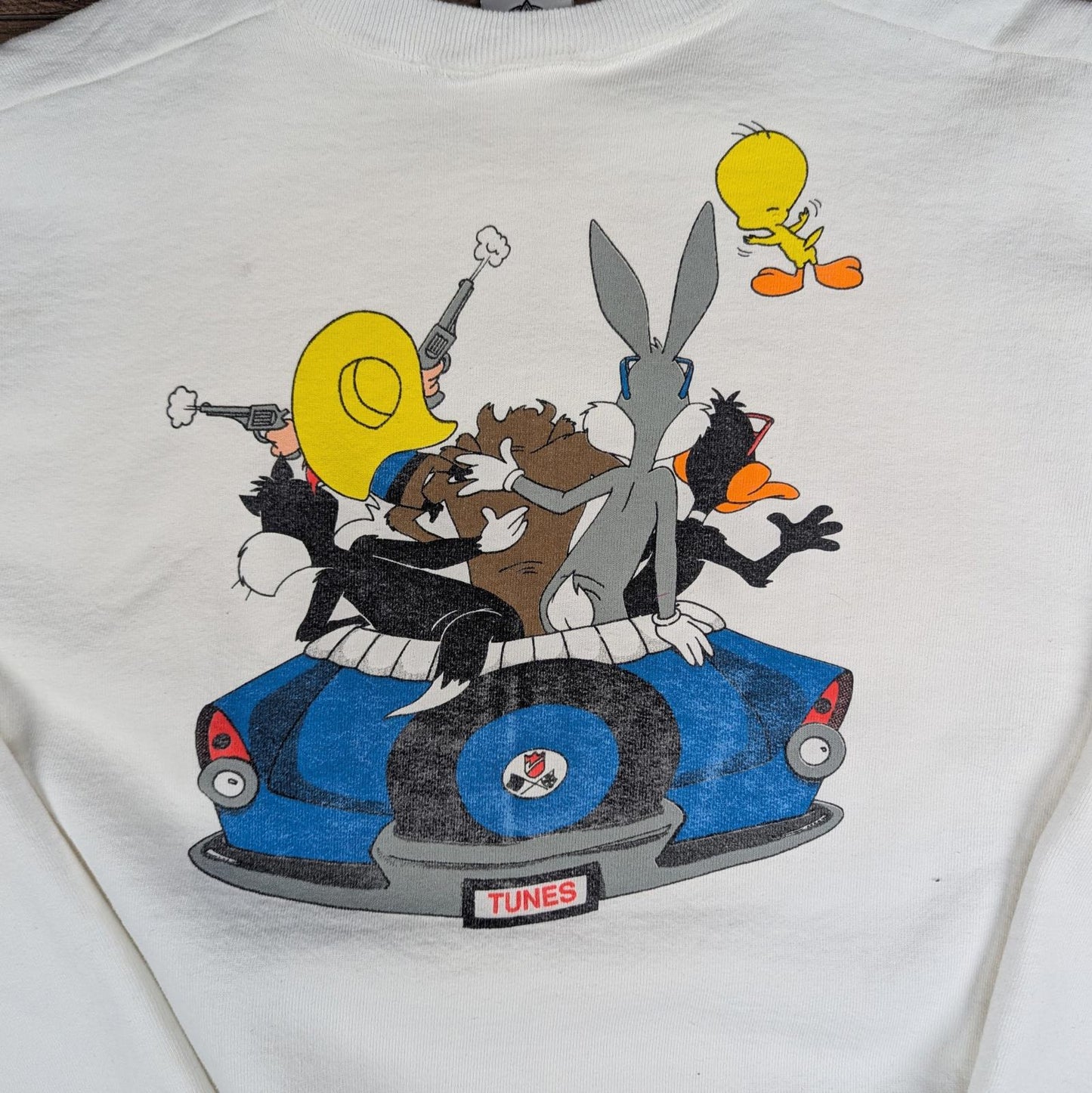 1990s Vintage Looney Tunes Acme Clothing White Cartoon Sweatshirt Jumper Size L