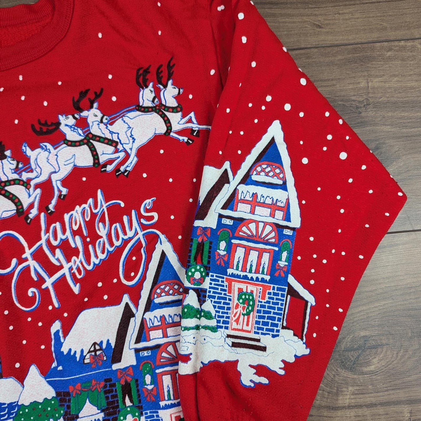90s Vintage Happy Holidays Santa Reindeer Christmas Jumper Sweatshirt Size L