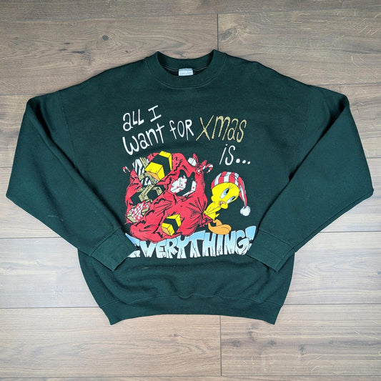 90s Vintage Looney Tunes Tweety Bird Christmas Jumper Sweatshirt Size XL