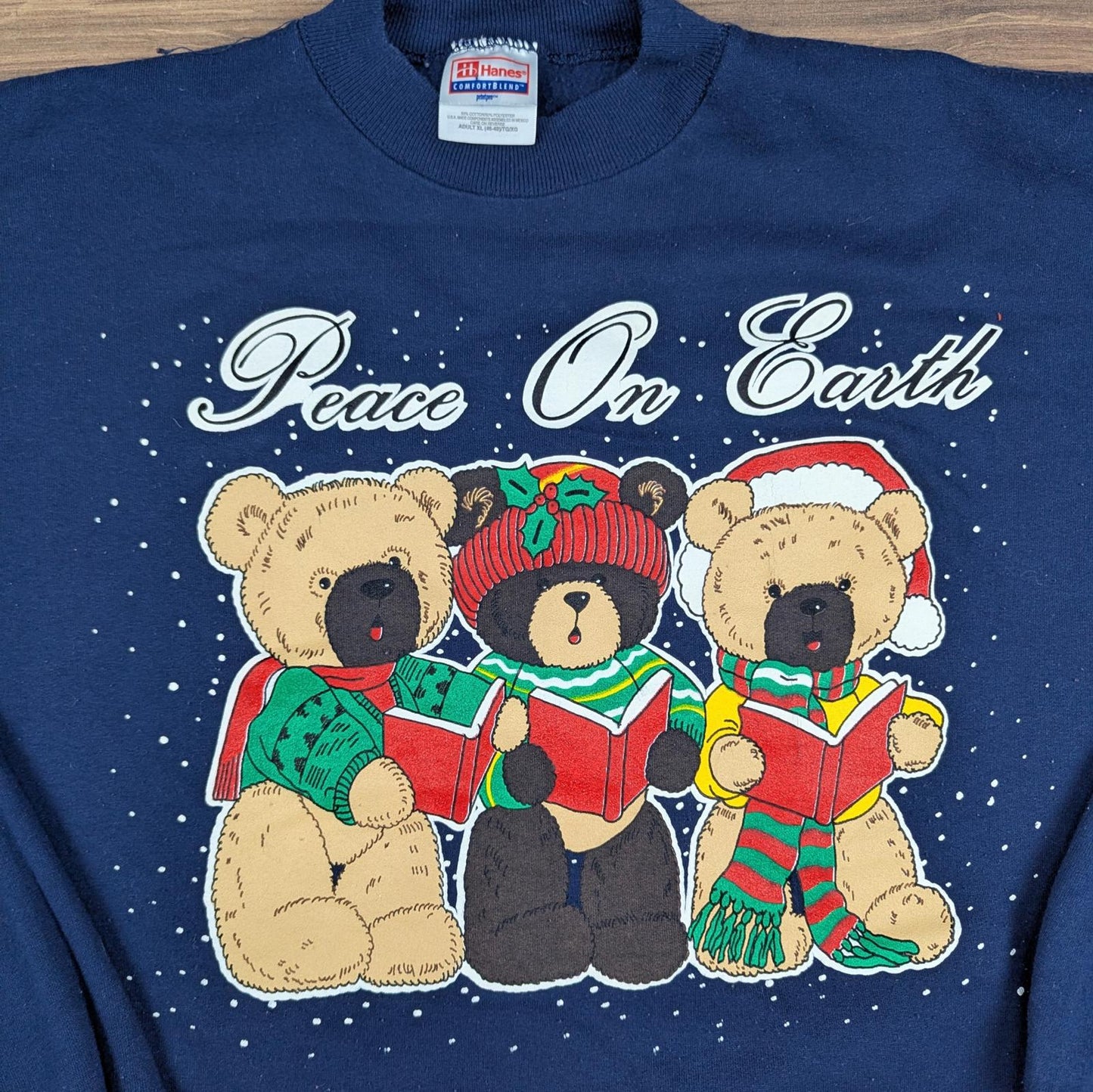 Vintage 90s Bear Peace on Earth Cartoon Christmas Jumper Sweatshirt Size XL