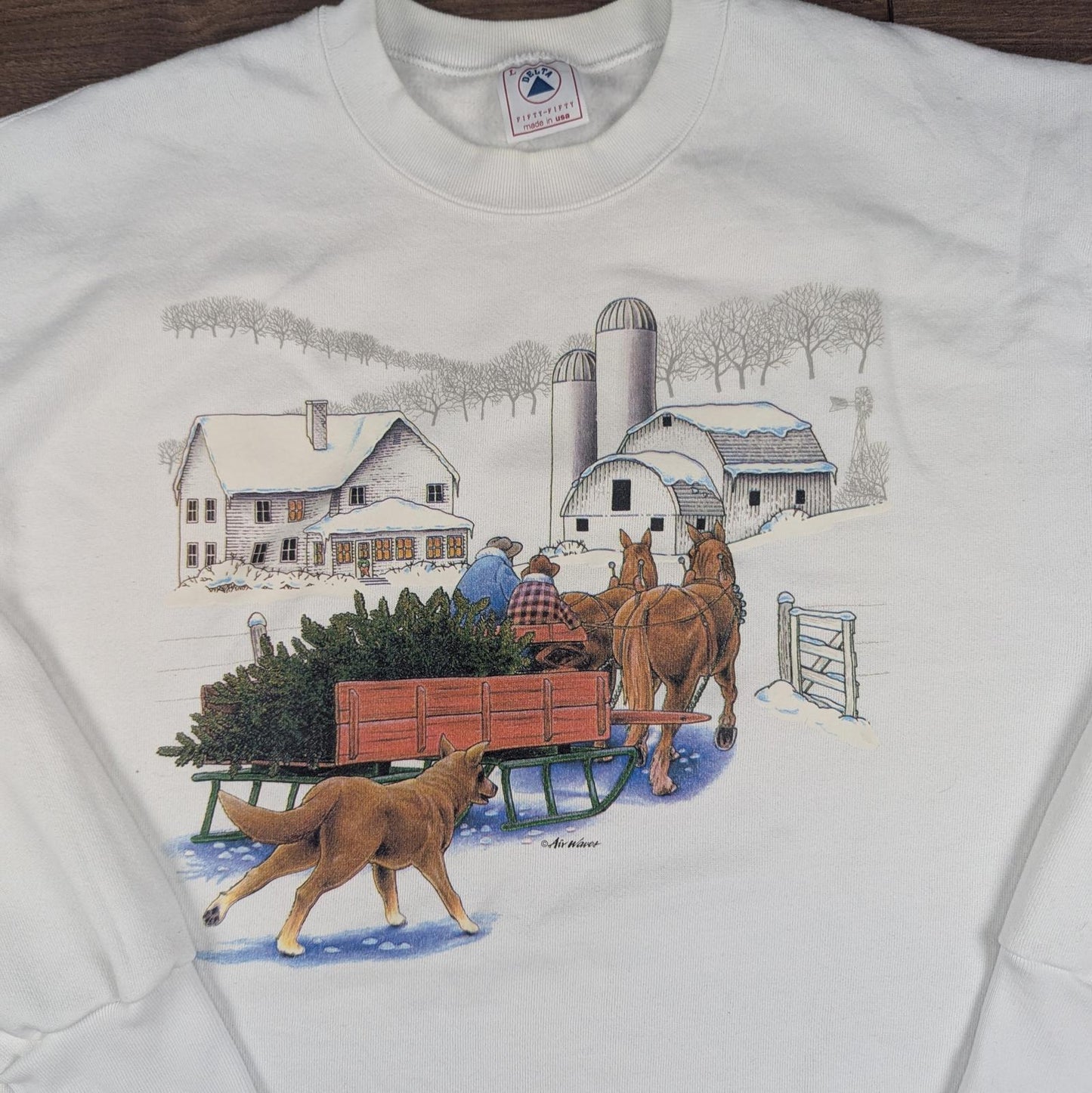 90's Vintage Delta Graphic White Christmas Jumper Sweatshirt Size L