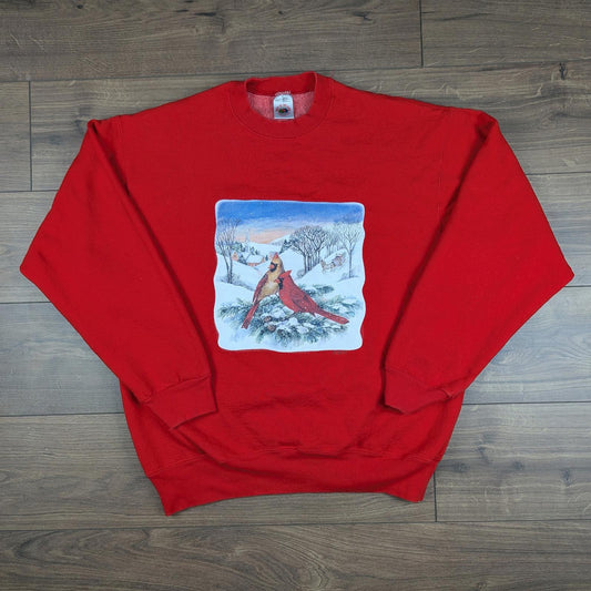 Red Vintage 90s Winter Bird Christmas Jumper Sweatshirt Size L