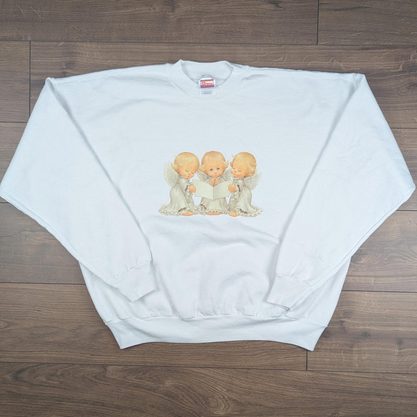 Hanes White Vintage 1990's Doll Angel Christmas Jumper Sweatshirt Size XXL