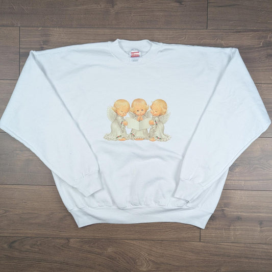 Hanes White Vintage 1990's Doll Angel Christmas Jumper Sweatshirt Size XXL