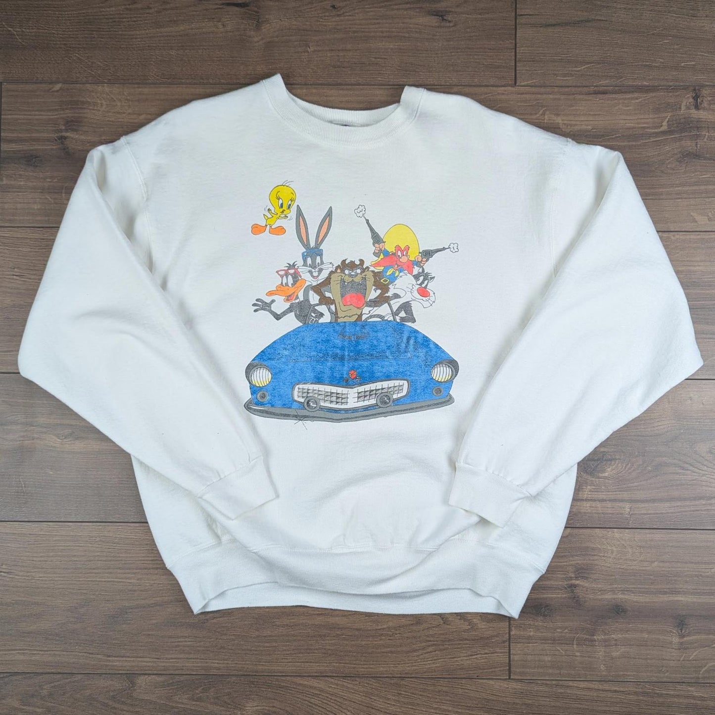 1990s Vintage Looney Tunes Acme Clothing White Cartoon Sweatshirt Jumper Size L