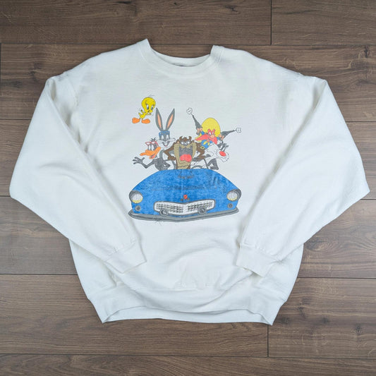 1990s Vintage Looney Tunes Acme Clothing White Cartoon Sweatshirt Jumper Size L