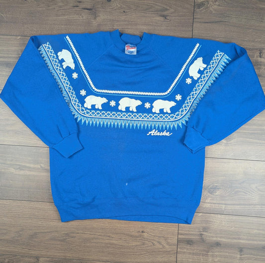 Blue 90s Vintage Polar Bear Graphic Christmas Jumper Sweatshirt Size L