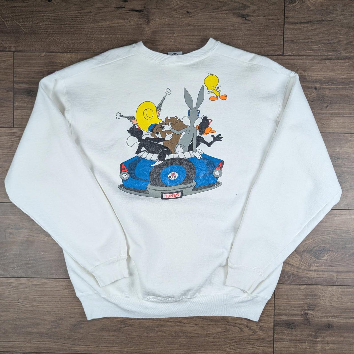 1990s Vintage Looney Tunes Acme Clothing White Cartoon Sweatshirt Jumper Size L