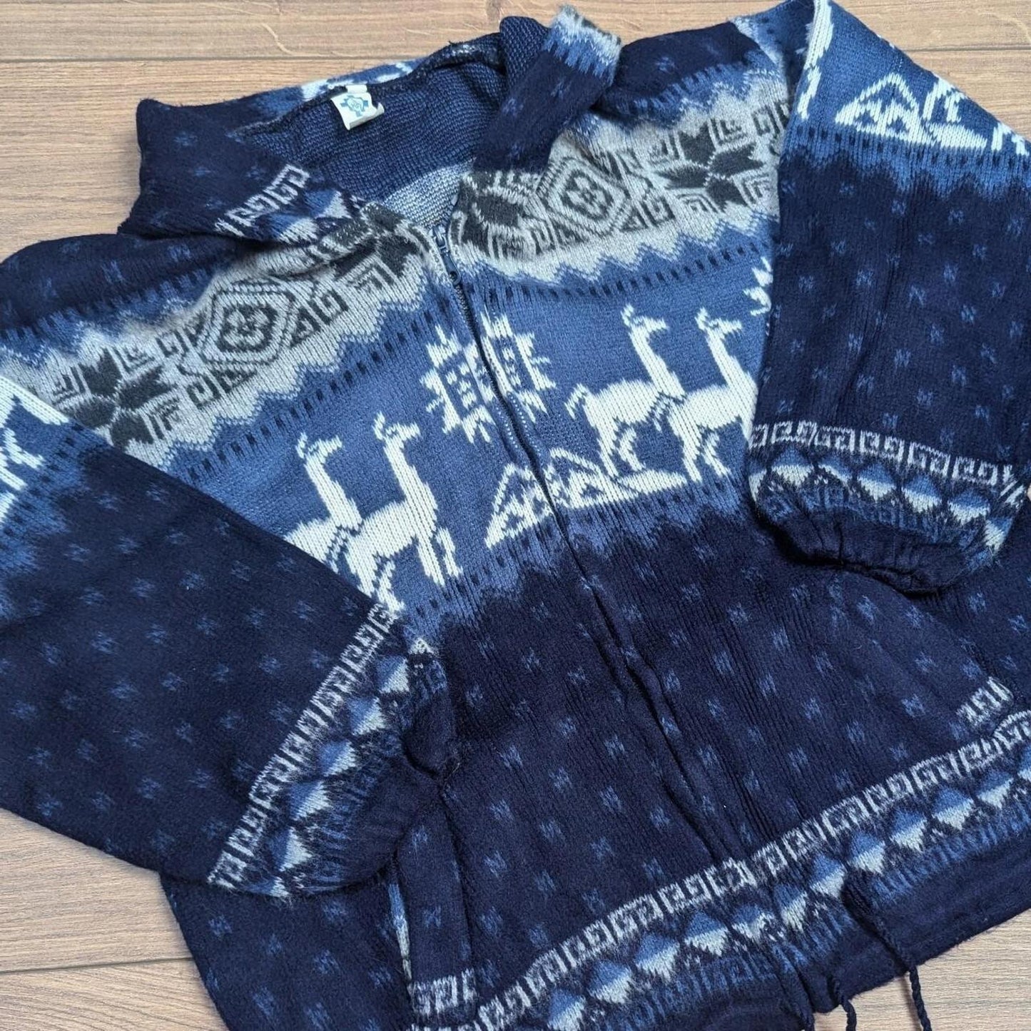 Vintage Blue/White 90s Icelandic Llama Winter Pattern Hooded Coat Jacket Men's M